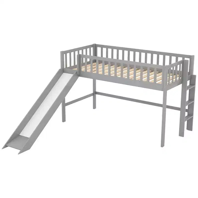Letto a soppalco basso Full/Twin con scaletta e scivolo, struttura letto in legno, non necessita di box spring - HABITRIO