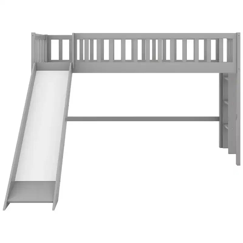 Letto a soppalco basso Full/Twin con scaletta e scivolo, struttura letto in legno, non necessita di box spring - HABITRIO