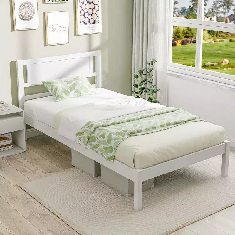 Costway Letto a Piattaforma in Legno Matrimoniale/Una Piazza e Mezza/Matrimoniale Grande con 12 Doghe, Testiera e Contenitore Sottoletto, Bianco
