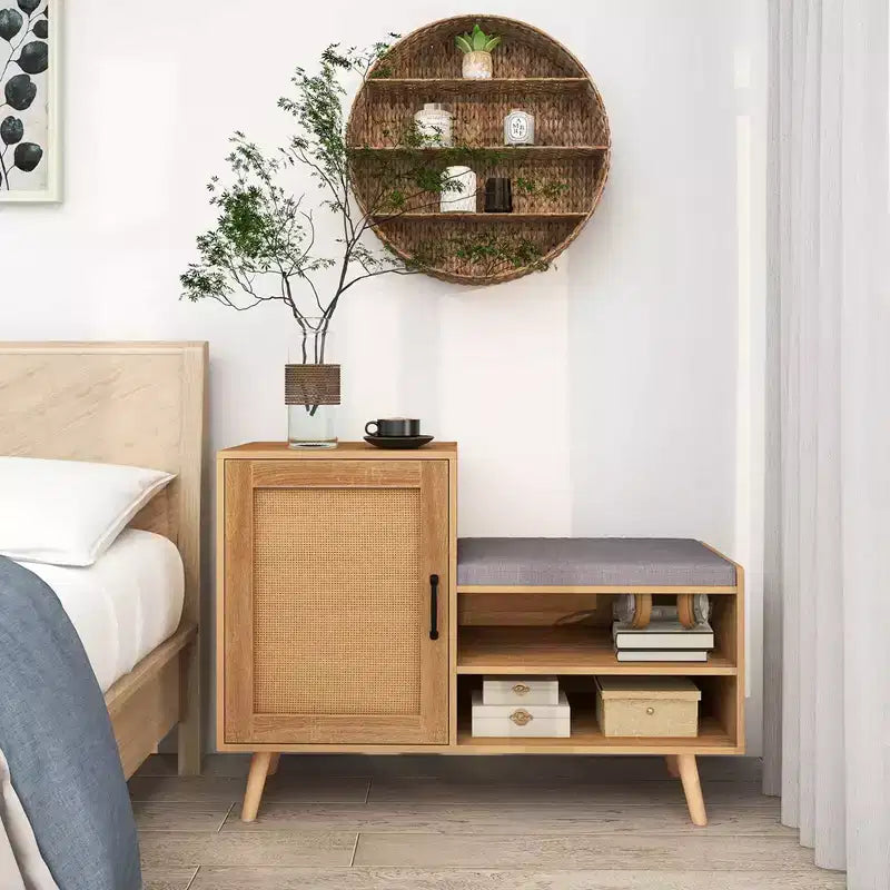 Costway Scarpiera 2 in 1 in Rattan con Panchina, 3 Ripiani Regolabili e Gambe in Legno Massello di Pino