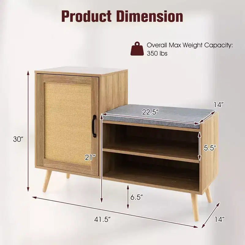 Costway Scarpiera 2 in 1 in Rattan con Panchina, 3 Ripiani Regolabili e Gambe in Legno Massello di Pino