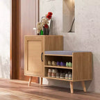 Costway Scarpiera 2 in 1 in Rattan con Panchina, 3 Ripiani Regolabili e Gambe in Legno Massello di Pino