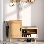 Costway Scarpiera 2 in 1 in Rattan con Panchina, 3 Ripiani Regolabili e Gambe in Legno Massello di Pino