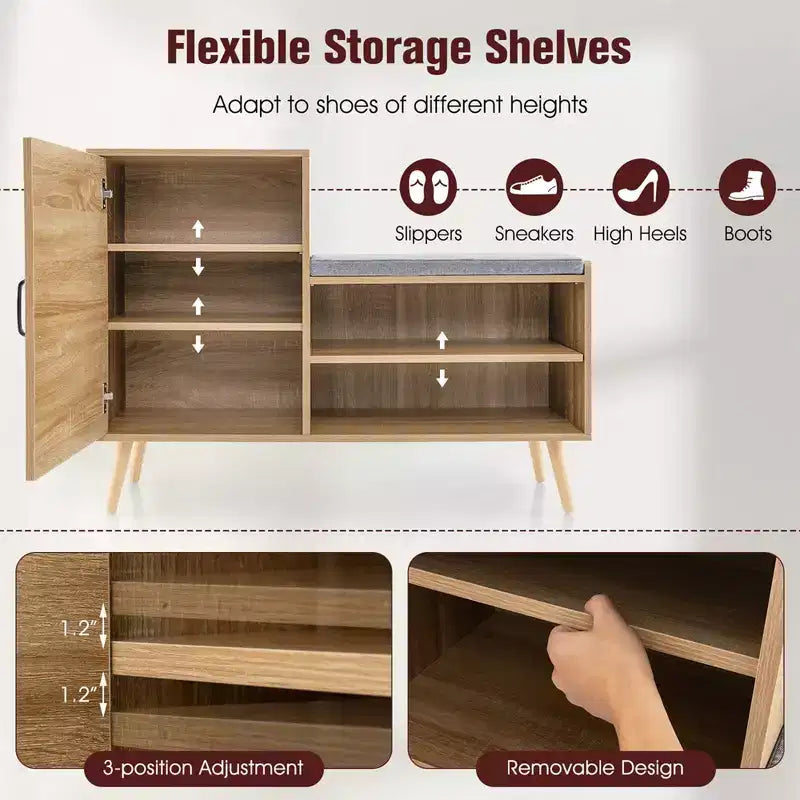Costway Scarpiera 2 in 1 in Rattan con Panchina, 3 Ripiani Regolabili e Gambe in Legno Massello di Pino