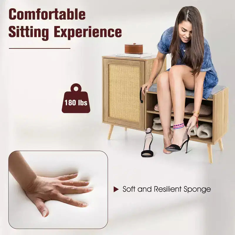 Costway Scarpiera 2 in 1 in Rattan con Panchina, 3 Ripiani Regolabili e Gambe in Legno Massello di Pino