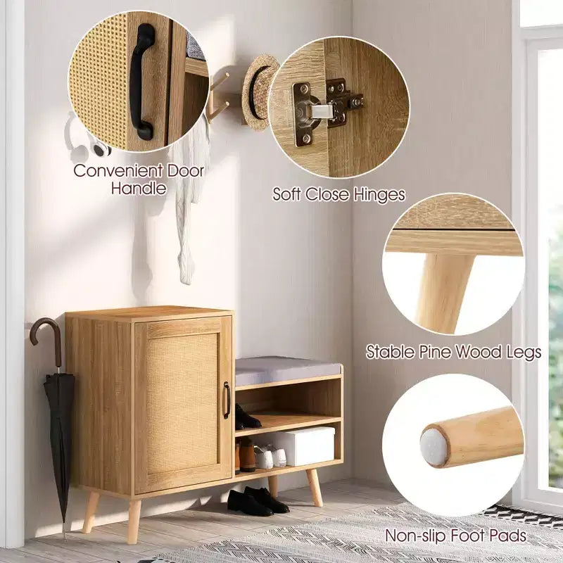 Costway Scarpiera 2 in 1 in Rattan con Panchina, 3 Ripiani Regolabili e Gambe in Legno Massello di Pino