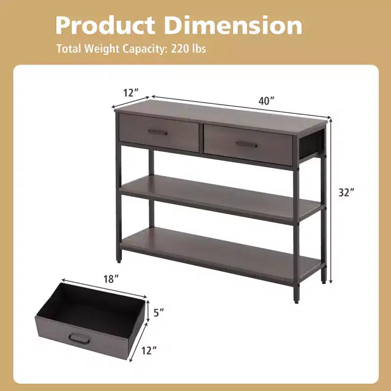 Costway Tavolo Consolle da Ingresso Tavolino Laterale Divano con Cassetti Pieghevoli in Tessuto per Soggiorno Grigio/Marrone Rustico