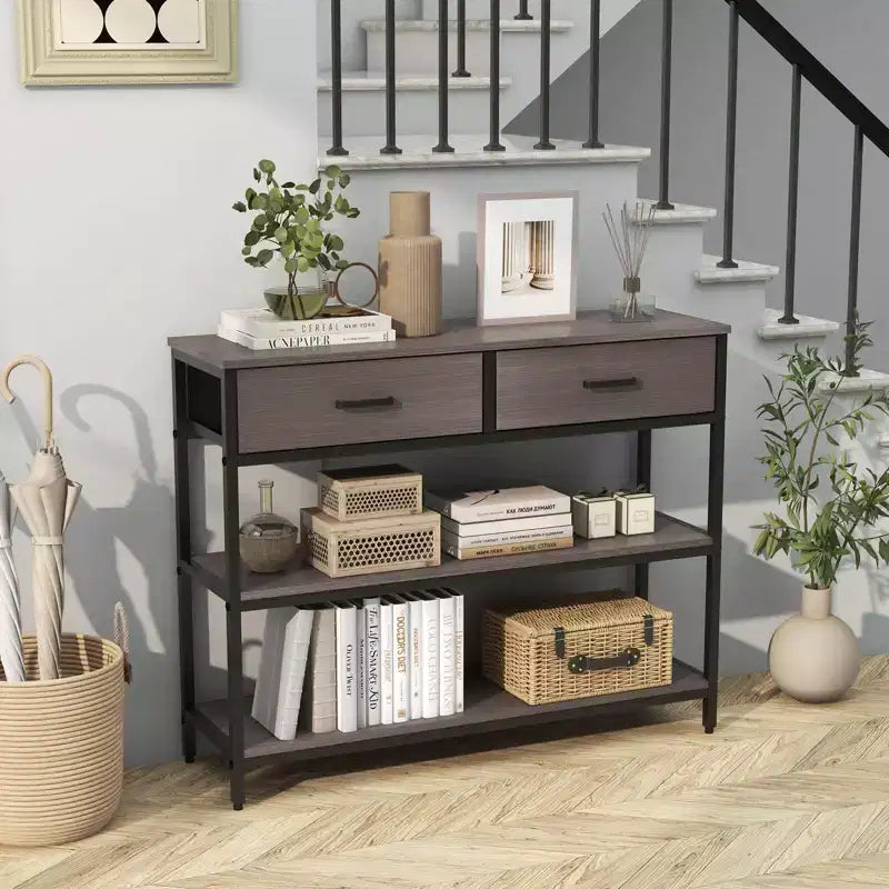 Costway Tavolo Consolle da Ingresso Tavolino Laterale Divano con Cassetti Pieghevoli in Tessuto per Soggiorno Grigio/Marrone Rustico