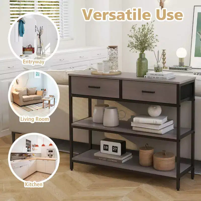 Costway Tavolo Consolle da Ingresso Tavolino Laterale Divano con Cassetti Pieghevoli in Tessuto per Soggiorno Grigio/Marrone Rustico