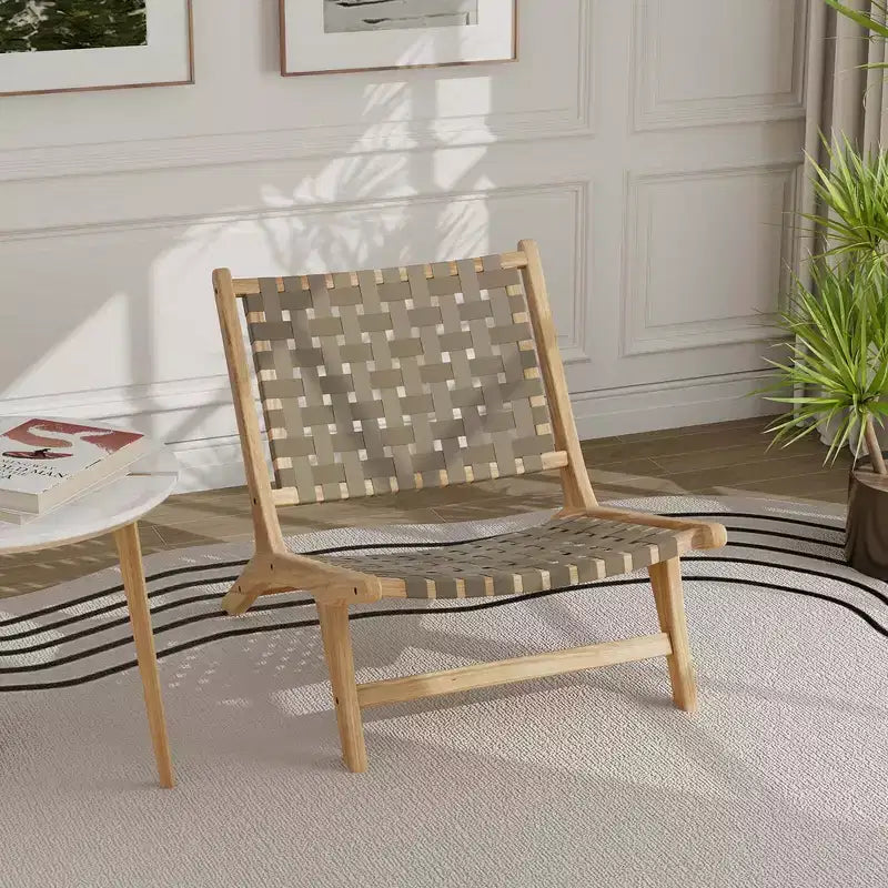 Costway Sedia a Sdraio Moderna in Legno di Teak con Schienale e Seduta Intrecciati in Nylon, Comoda Poltrona da Lettura Marrone/Nero