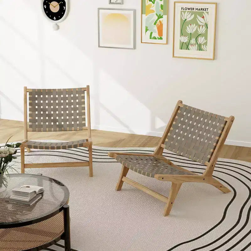 Costway Sedia a Sdraio Moderna in Legno di Teak con Schienale e Seduta Intrecciati in Nylon, Comoda Poltrona da Lettura Marrone/Nero