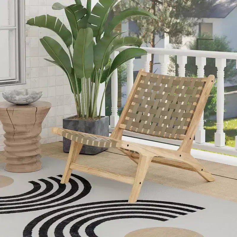 Costway Sedia a Sdraio Moderna in Legno di Teak con Schienale e Seduta Intrecciati in Nylon, Comoda Poltrona da Lettura Marrone/Nero