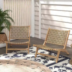 Costway Sedia a Sdraio Moderna in Legno di Teak con Schienale e Seduta Intrecciati in Nylon, Comoda Poltrona da Lettura Marrone/Nero