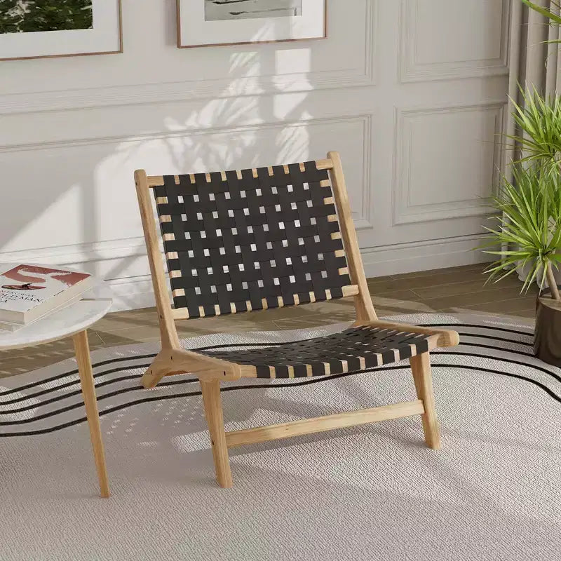 Costway Sedia a Sdraio Moderna in Legno di Teak con Schienale e Seduta Intrecciati in Nylon, Comoda Poltrona da Lettura Marrone/Nero