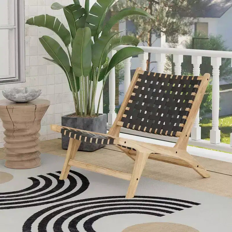 Costway Sedia a Sdraio Moderna in Legno di Teak con Schienale e Seduta Intrecciati in Nylon, Comoda Poltrona da Lettura Marrone/Nero