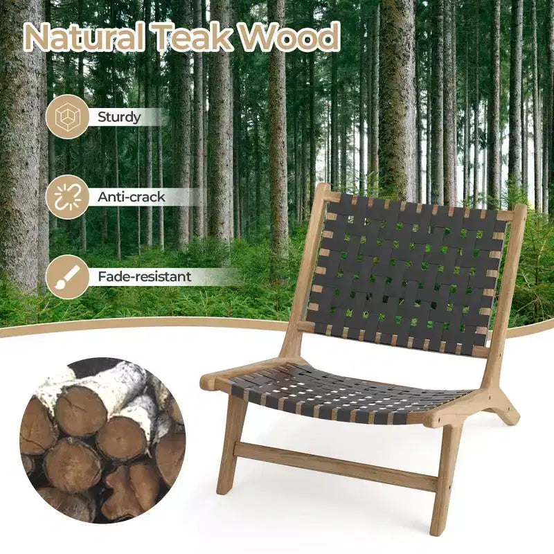 Costway Sedia a Sdraio Moderna in Legno di Teak con Schienale e Seduta Intrecciati in Nylon, Comoda Poltrona da Lettura Marrone/Nero