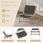Costway Sedia a Sdraio Moderna in Legno di Teak con Schienale e Seduta Intrecciati in Nylon, Comoda Poltrona da Lettura Marrone/Nero