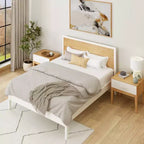 Set Camera da Letto Matrimoniale Duo Plank+Beam in Legno Massello con 2 Comodini, Bianco/Betulla