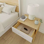 Set Camera da Letto Matrimoniale Duo Plank+Beam in Legno Massello con 2 Comodini, Bianco/Betulla