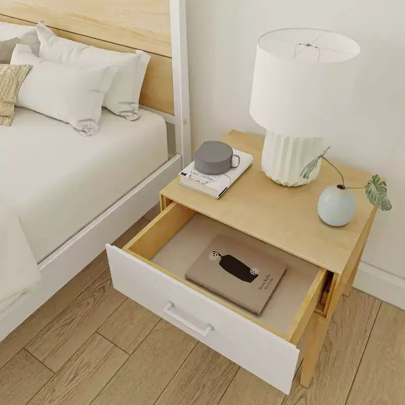 Set Camera da Letto Matrimoniale Duo Plank+Beam in Legno Massello con 2 Comodini, Bianco/Betulla