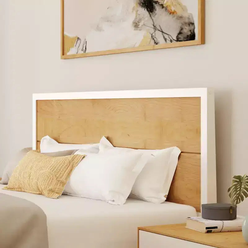 Set Camera da Letto Matrimoniale Duo Plank+Beam in Legno Massello con 2 Comodini, Bianco/Betulla