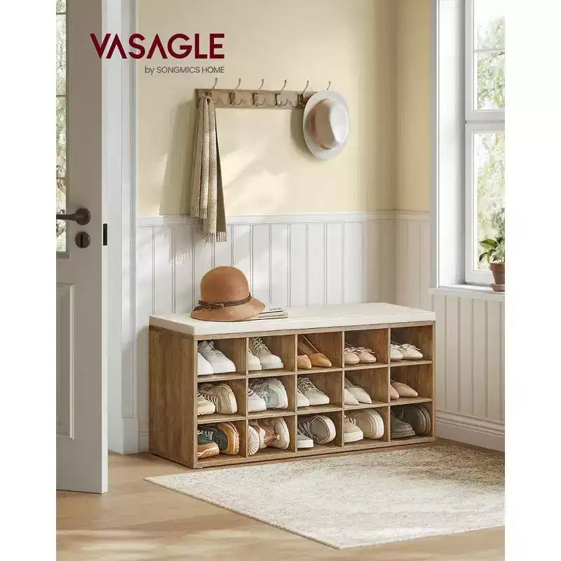 VASAGLE Scarpiera con Panca, Panca Contenitore con Cuscino, 15 Scomparti