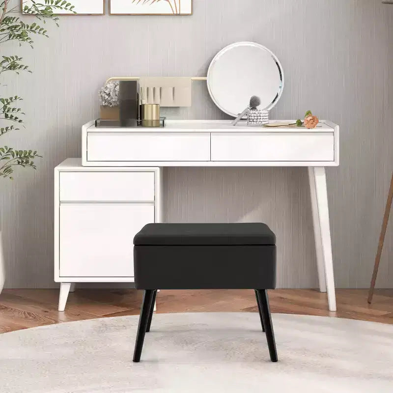 Costway Sgabello Ottomano in Velluto per Toeletta con Contenitore Gambe in Legno Massello Top Ribaltabile per Ingresso Grigio/Beige/Nero