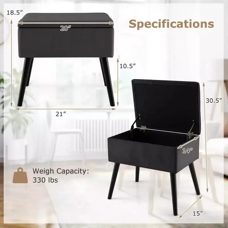 Costway Sgabello Ottomano in Velluto per Toeletta con Contenitore Gambe in Legno Massello Top Ribaltabile per Ingresso Grigio/Beige/Nero