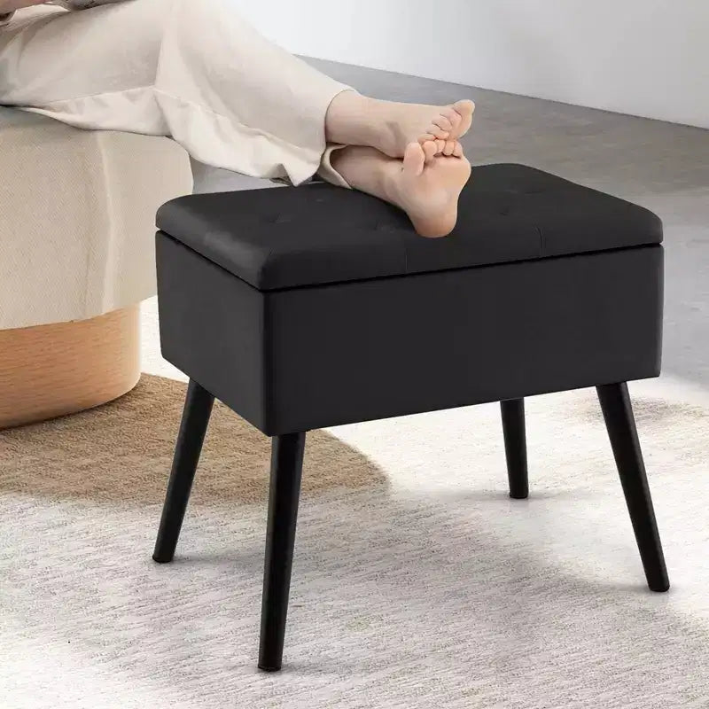 Costway Sgabello Ottomano in Velluto per Toeletta con Contenitore Gambe in Legno Massello Top Ribaltabile per Ingresso Grigio/Beige/Nero