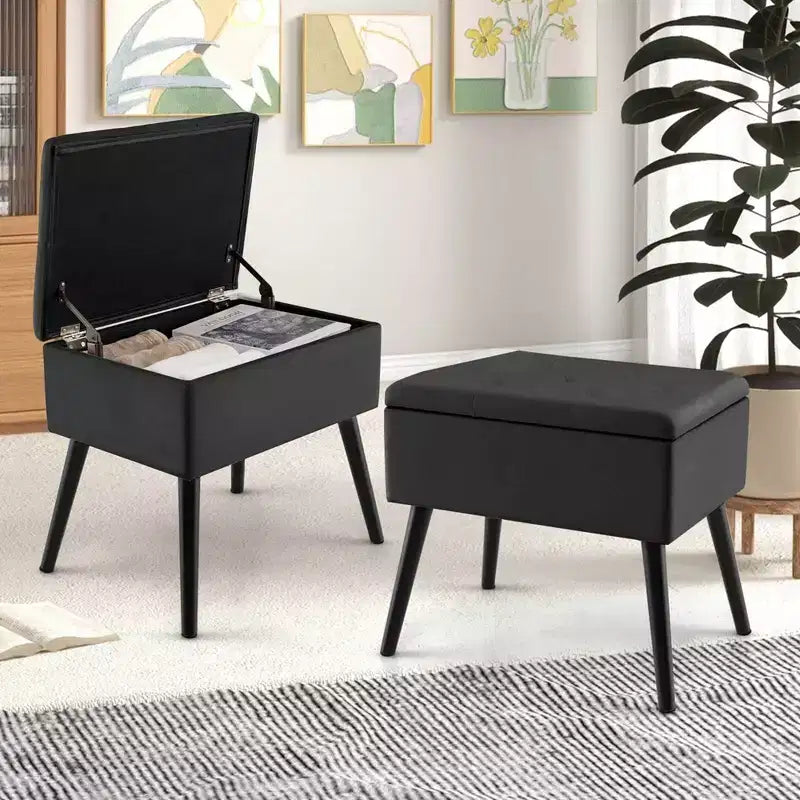 Costway Sgabello Ottomano in Velluto per Toeletta con Contenitore Gambe in Legno Massello Top Ribaltabile per Ingresso Grigio/Beige/Nero