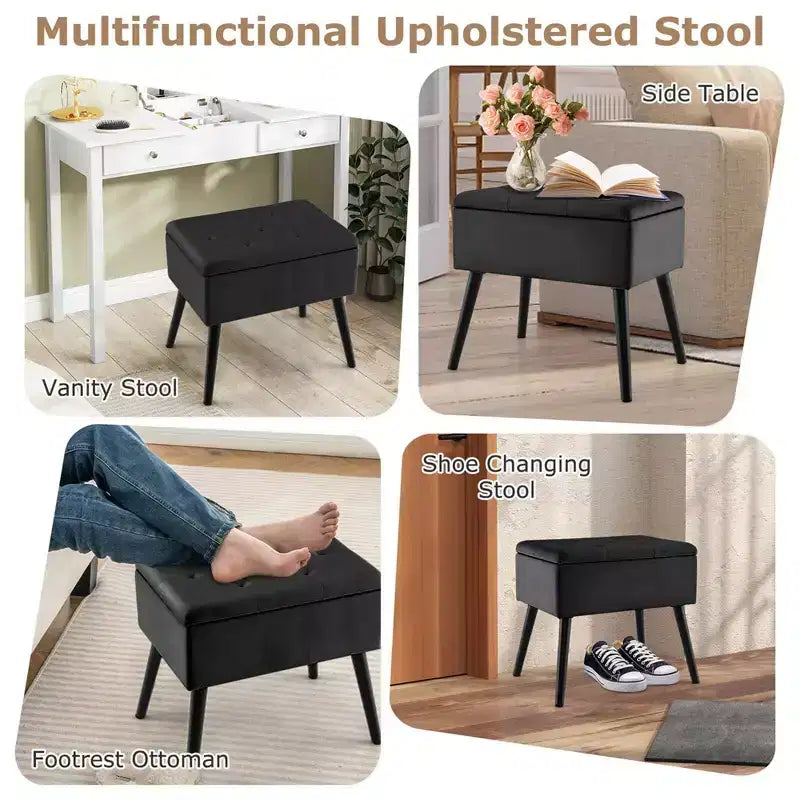 Costway Sgabello Ottomano in Velluto per Toeletta con Contenitore Gambe in Legno Massello Top Ribaltabile per Ingresso Grigio/Beige/Nero