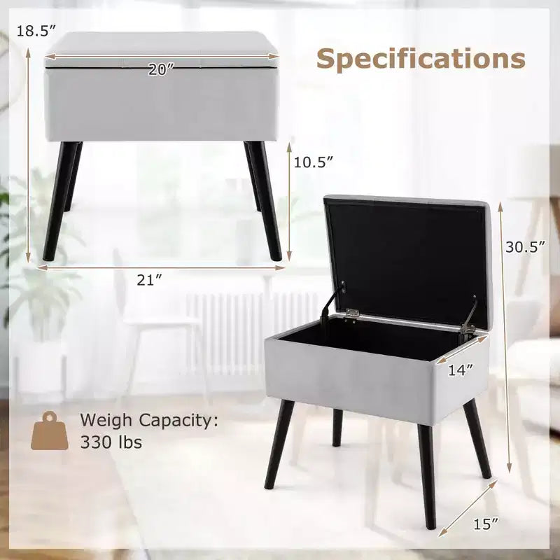 Costway Sgabello Ottomano in Velluto per Toeletta con Contenitore Gambe in Legno Massello Top Ribaltabile per Ingresso Grigio/Beige/Nero