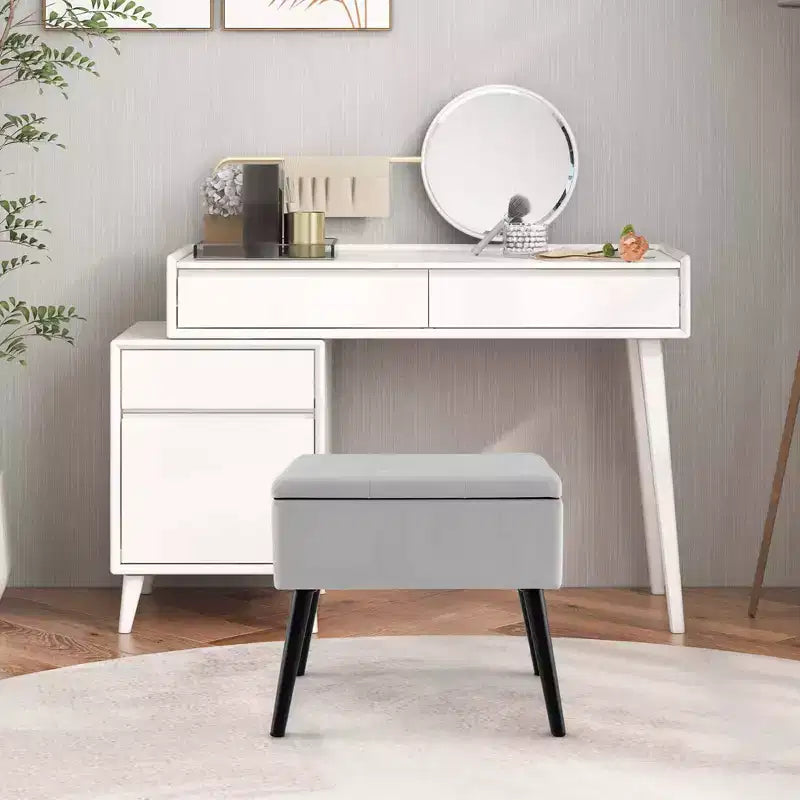 Costway Sgabello Ottomano in Velluto per Toeletta con Contenitore Gambe in Legno Massello Top Ribaltabile per Ingresso Grigio/Beige/Nero