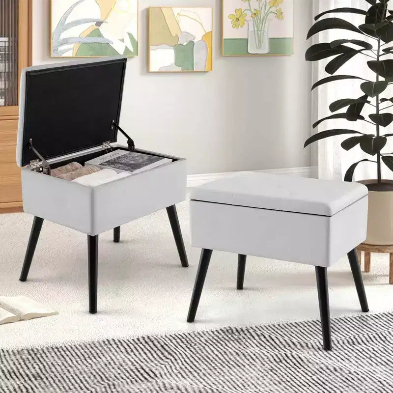 Costway Sgabello Ottomano in Velluto per Toeletta con Contenitore Gambe in Legno Massello Top Ribaltabile per Ingresso Grigio/Beige/Nero