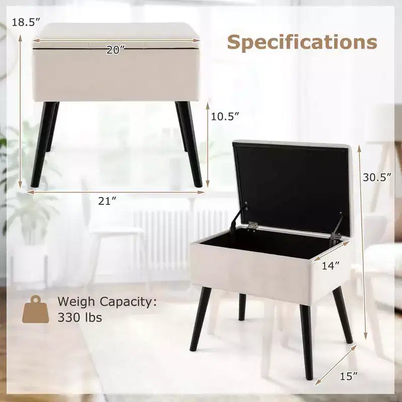 Costway Sgabello Ottomano in Velluto per Toeletta con Contenitore Gambe in Legno Massello Top Ribaltabile per Ingresso Grigio/Beige/Nero