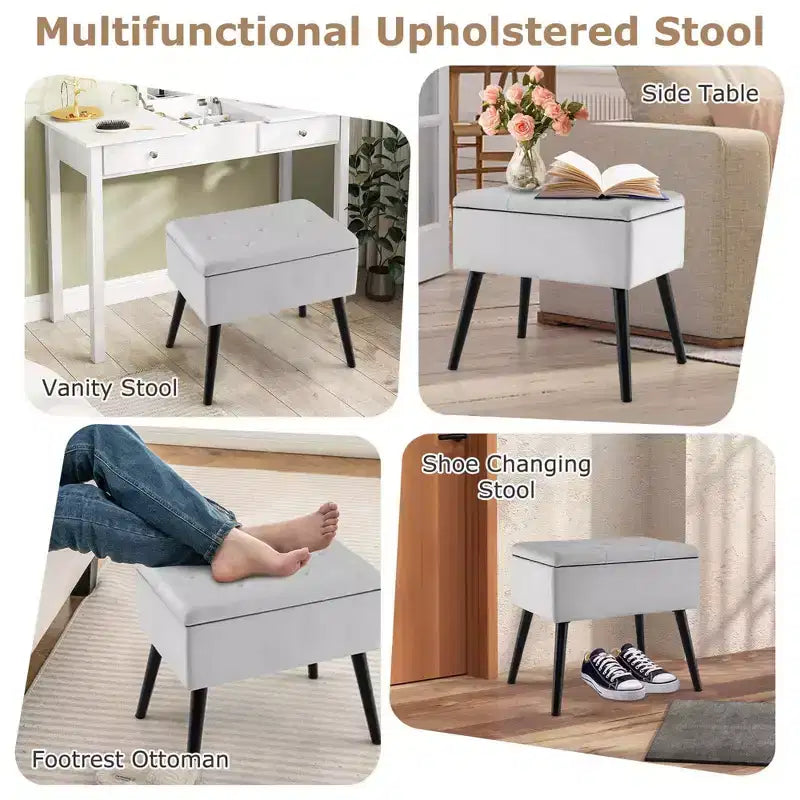 Costway Sgabello Ottomano in Velluto per Toeletta con Contenitore Gambe in Legno Massello Top Ribaltabile per Ingresso Grigio/Beige/Nero