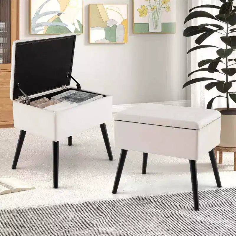 Costway Sgabello Ottomano in Velluto per Toeletta con Contenitore Gambe in Legno Massello Top Ribaltabile per Ingresso Grigio/Beige/Nero
