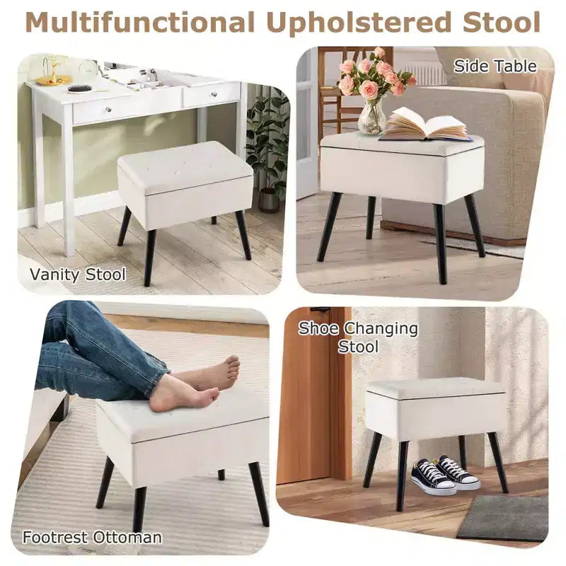 Costway Sgabello Ottomano in Velluto per Toeletta con Contenitore Gambe in Legno Massello Top Ribaltabile per Ingresso Grigio/Beige/Nero