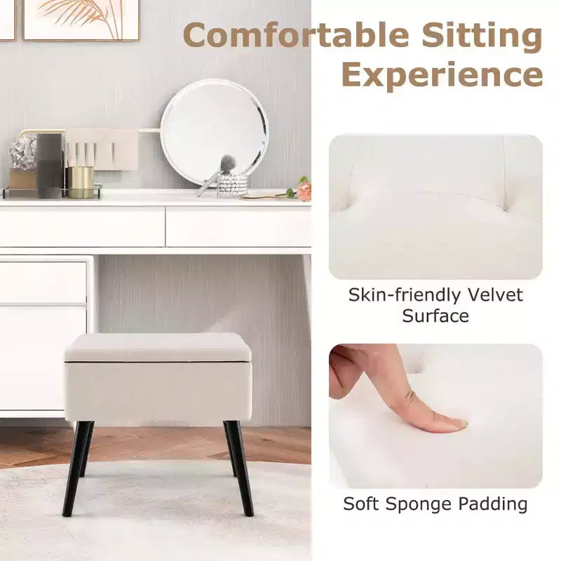 Costway Sgabello Ottomano in Velluto per Toeletta con Contenitore Gambe in Legno Massello Top Ribaltabile per Ingresso Grigio/Beige/Nero