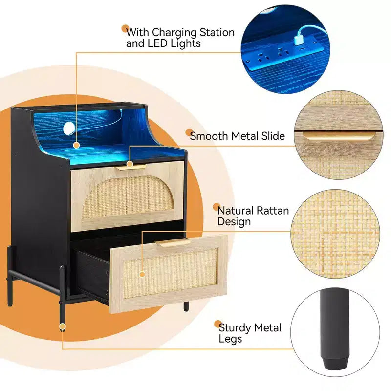 Comodino in Rattan con Luci LED e Stazione di Ricarica, Tavolino da Notte Nero con 2 Cassetti per Camera da Letto, Soggiorno, Dormitorio