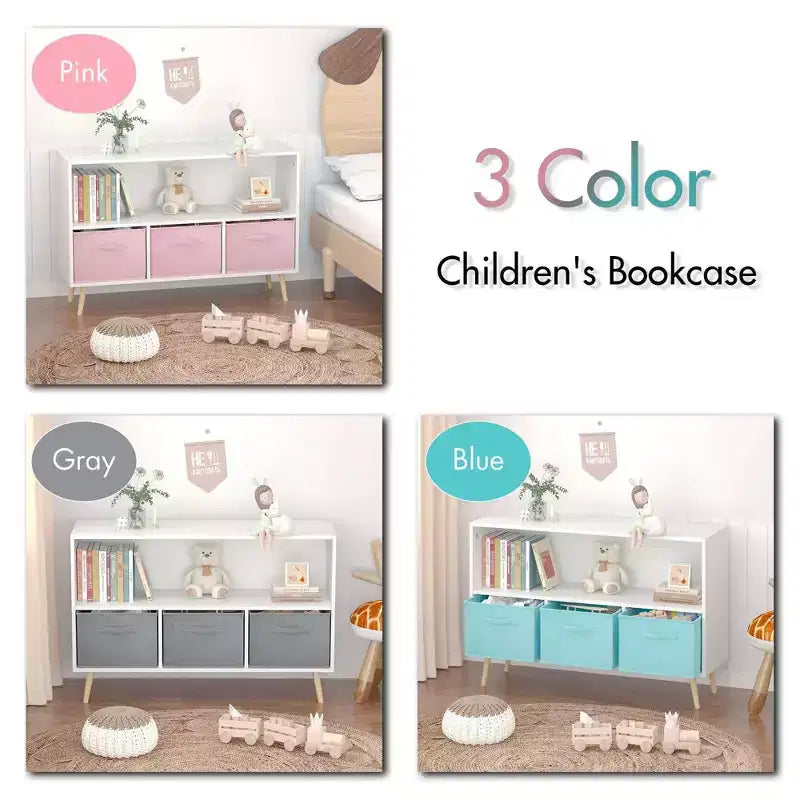 HOMLUX Libreria per bambini a 2 ripiani, Organizzatore di giocattoli, Armadietto per riporre oggetti, Espositore con 3 cassetti, Rosa/Grigio/Blu