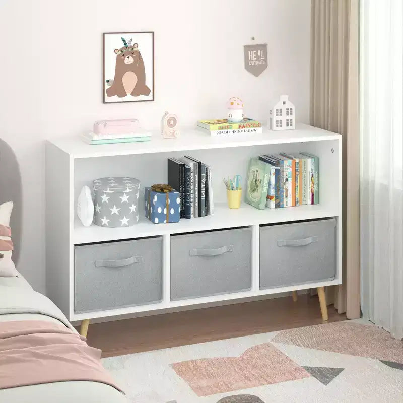 HOMLUX Libreria per bambini a 2 ripiani, Organizzatore di giocattoli, Armadietto per riporre oggetti, Espositore con 3 cassetti, Rosa/Grigio/Blu