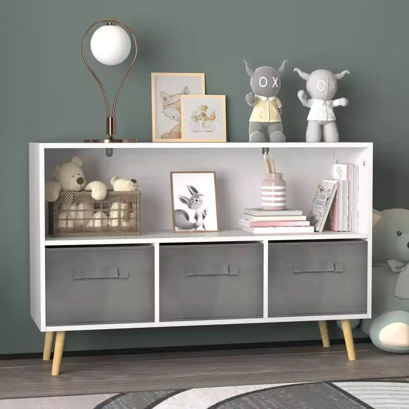 HOMLUX Libreria per bambini a 2 ripiani, Organizzatore di giocattoli, Armadietto per riporre oggetti, Espositore con 3 cassetti, Rosa/Grigio/Blu