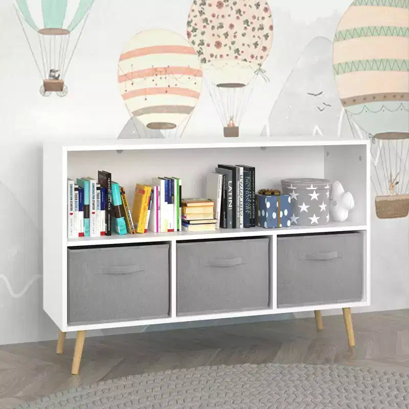 HOMLUX Libreria per bambini a 2 ripiani, Organizzatore di giocattoli, Armadietto per riporre oggetti, Espositore con 3 cassetti, Rosa/Grigio/Blu