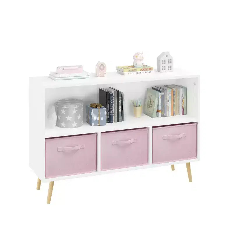 HOMLUX Libreria per bambini a 2 ripiani, Organizzatore di giocattoli, Armadietto per riporre oggetti, Espositore con 3 cassetti, Rosa/Grigio/Blu