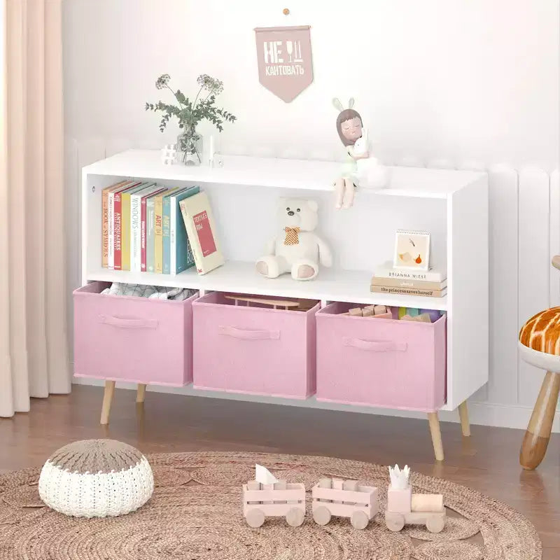 HOMLUX Libreria per bambini a 2 ripiani, Organizzatore di giocattoli, Armadietto per riporre oggetti, Espositore con 3 cassetti, Rosa/Grigio/Blu