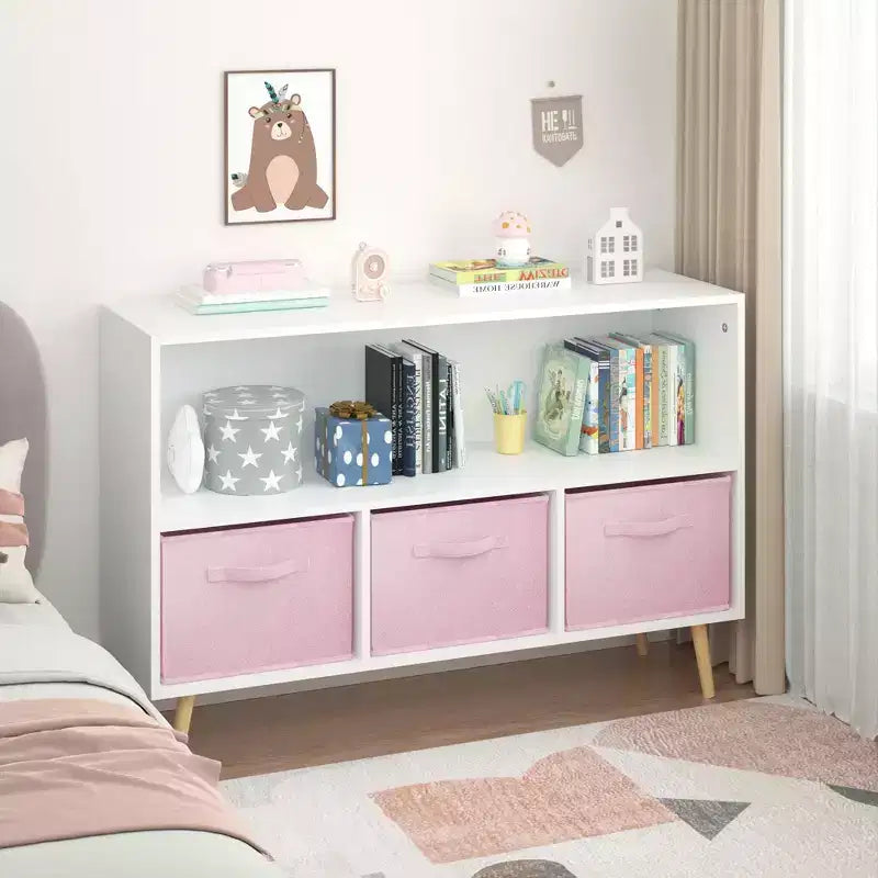 HOMLUX Libreria per bambini a 2 ripiani, Organizzatore di giocattoli, Armadietto per riporre oggetti, Espositore con 3 cassetti, Rosa/Grigio/Blu
