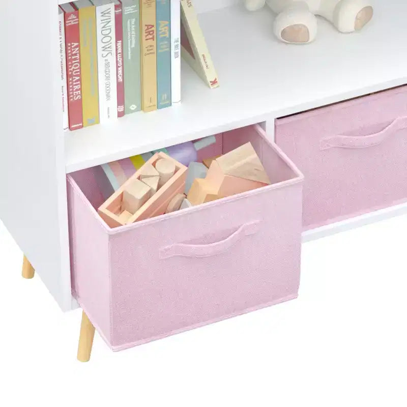 HOMLUX Libreria per bambini a 2 ripiani, Organizzatore di giocattoli, Armadietto per riporre oggetti, Espositore con 3 cassetti, Rosa/Grigio/Blu