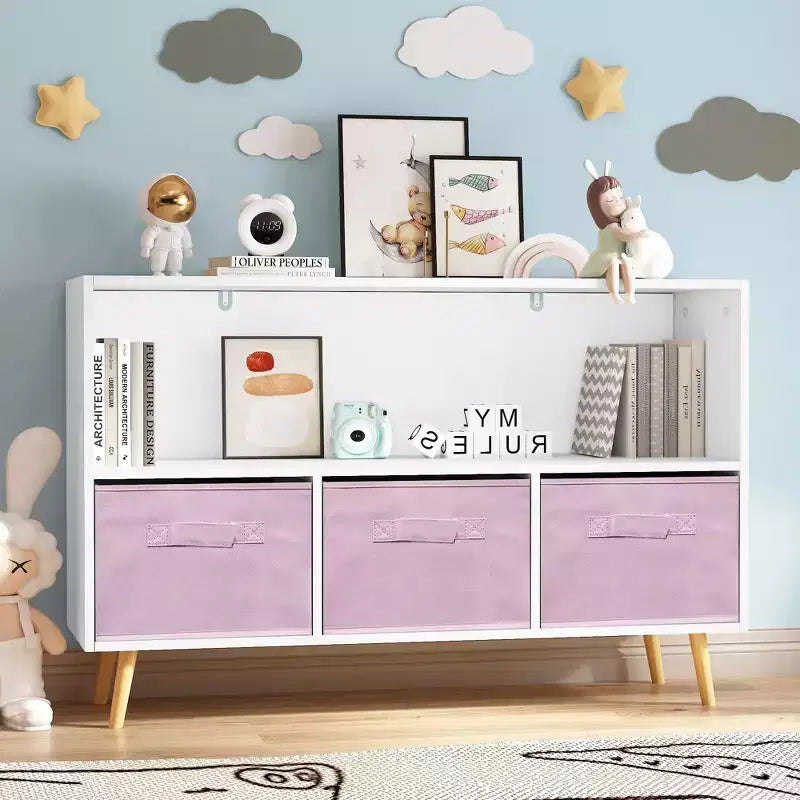 HOMLUX Libreria per bambini a 2 ripiani, Organizzatore di giocattoli, Armadietto per riporre oggetti, Espositore con 3 cassetti, Rosa/Grigio/Blu