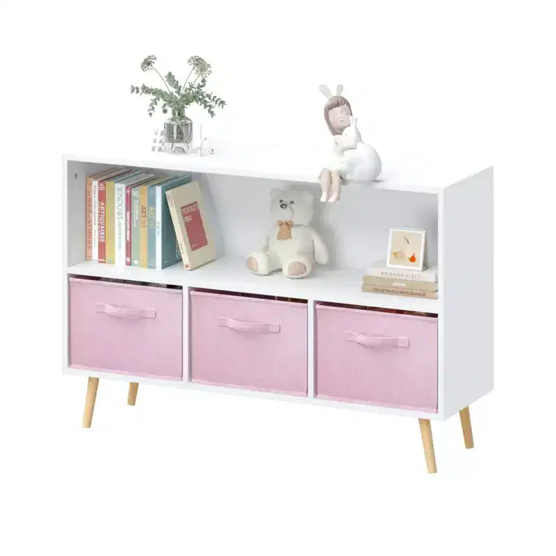 HOMLUX Libreria per bambini a 2 ripiani, Organizzatore di giocattoli, Armadietto per riporre oggetti, Espositore con 3 cassetti, Rosa/Grigio/Blu